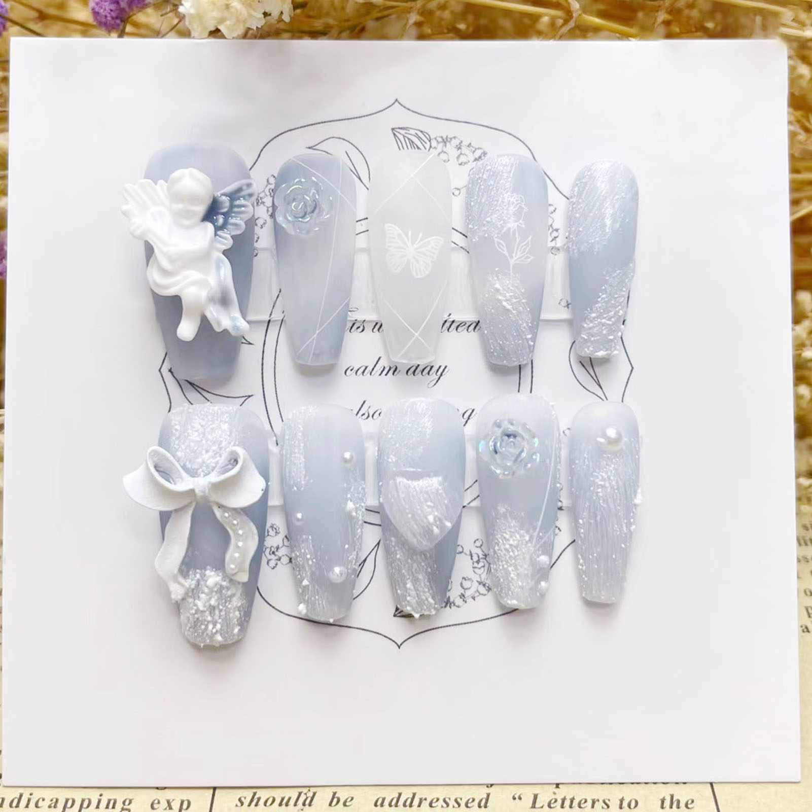 Pressed Flower Art - 3D gesso angelo unghie finte lucido